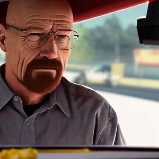 Image similar to walter white working at mcdonalds, stressed, serving at drive thru, photorealistic, hd, 4k, natural lighting, cinematic