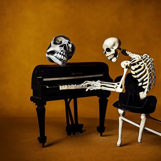Image similar to skeleton wizard playing piano, surreal, mythical, midshot, camera photography award winning studio lighting