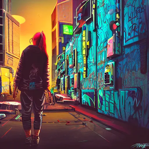 Image similar to graffiti on a wall in a cyberpunk city, happy mood, futuristic, high detail, sunset, realistic
