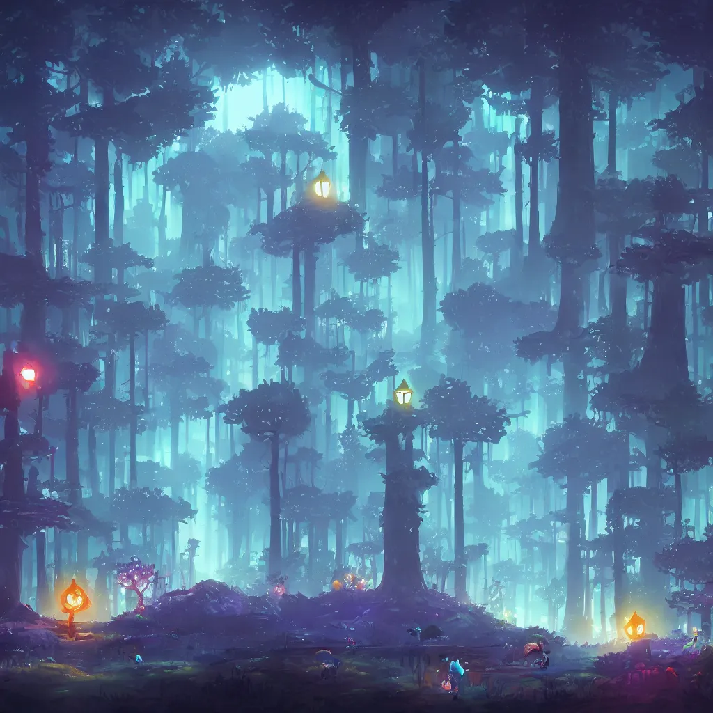 Prompt: city at night by a forest (Ori and the Blind Forest), digital painting, vivid colors, sharp render by by Miyazaki Nausicaa Ghibli, breath of the wild style