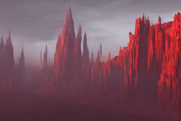 Image similar to dramatic render of a cathedral, gothic architecture, carved of red rock, tall spires, top of a canyon, vultures, concept art by studio ghibli and eddie mendoza, atmospheric, moody, dark, cinematic, volumetric lighting, 8K