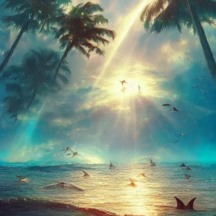Image similar to dolphins swimming, golden hour, god rays, dreamscape by artgerm and ruan jia and ismail inceoglu and greg olsen, cosmos, milky way galaxy, masterpiece, beautiful, intricate, elegant, highly detailed, palm trees