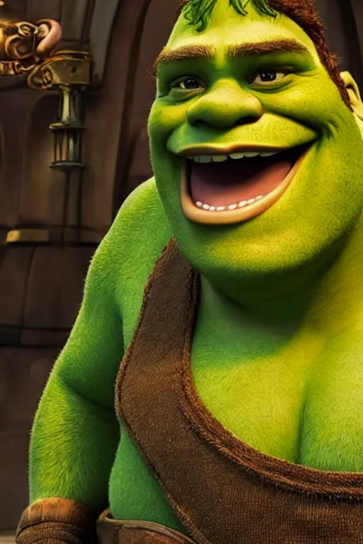 Image similar to Chris Pratt as Shrek in live action adaptation, green skin, set photograph in costume, official trailer