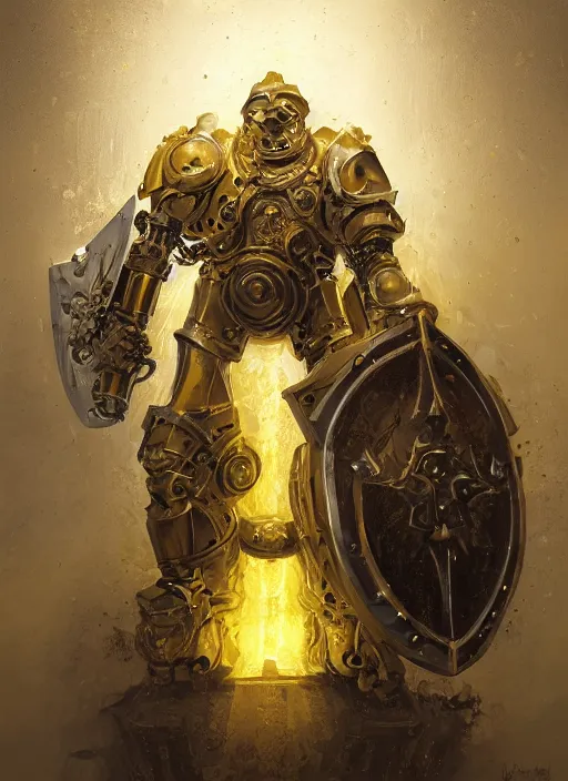 Prompt: dynamic portrait of a intricate glorious holy mechanical warforged character in yellow armor holding a paladin engraved great longsword and carrying a big paladin shield, spotlight from face , epic , trending on ArtStation, masterpiece, cinematic lighting, by Jesper Ejsing and by Yoann Lossel and by John Salminen and by Jackson Pollock and by Marc Simonetti