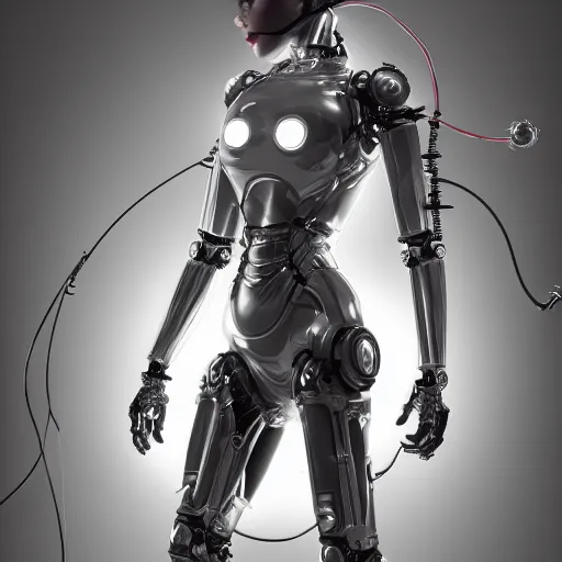 Image similar to a beautiful woman wearing robot suit with wires and light, highly detailed, photorealistic, artstation, smooth