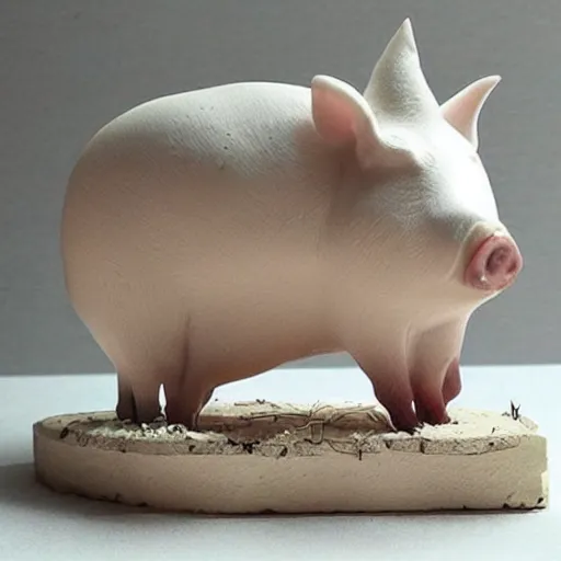 Image similar to “pig sculpture, mixed materials, pork, ikebana white flowers, white wax dripping”