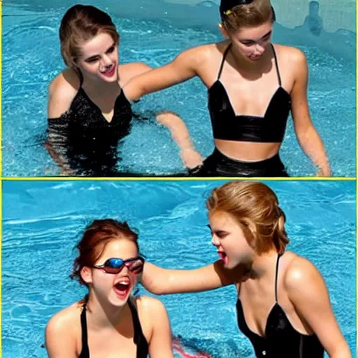 Image similar to emma watson and taylor swift and selena gomez swim together. perfect faces.