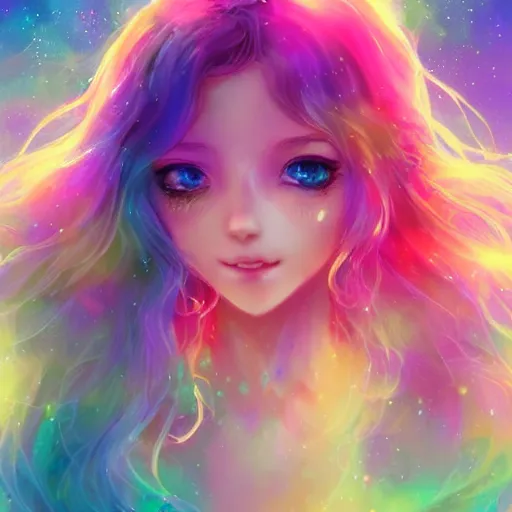 Image similar to lively and lovely girls, angelic face, colorful and flowing hair, colorful eyes, smiling innocently and cutely, colorful light effects, clean and fresh, ethereal, macro, uplight, lush, radiant, detailed, fantasy style, by ross tran, kazuki tanahashi