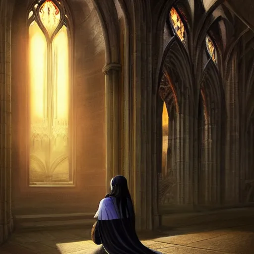 Prompt: a priestess with long black hair, praying for the sun god in a cathedral. Epic fantasy, 4k. realistic. Detailed. Digital painting. Sharp focus, illustration, Beautiful, gorgeous. Cinematic. Dramatic. High contrast. artstation. smooth.