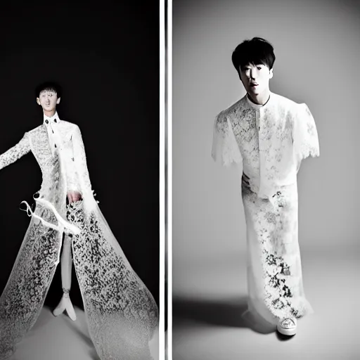 Image similar to a beautiful young korean male wearing a translucid lace wedding gown designed by alexander mcqueen, photographed by andrew thomas huang for a fashion editorial