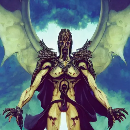 Image similar to 4K headshot of godlike Reaper of Nazareth with defined arms and open hands and bloody clothes with giant mandala wings , intricate face , flawless anime cel animation by Kentaro Miura, psychedelic , highly detailed upper body , professionally post-processed , beautiful, scary, symmetry accurate features, epic, octane rendered, anime masterpiece, accurate by Craig Mullins, ilya kuvshinov, krenz cushart, epic , artgerm trending on artstation by Edward Hopper and Dan Mumford and WLOP and Rutkovsky, beksinski carl spitzweg moebius and tuomas kocar, intricate artwork by caravaggio, Unreal Engine 5, Lumen, Nanite