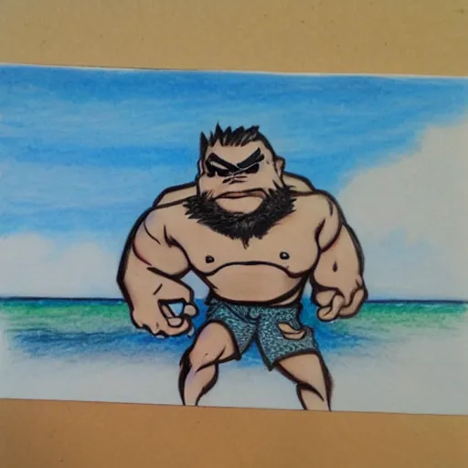 Image similar to bara character at beach, drawn by sakimichan