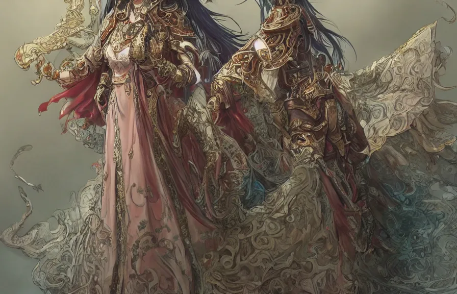 Prompt: an concept art of the korean queen surrounded by magic guards, long hair, makeup, intricate details, detailed face, detailed short dress, one central character, artstation, epic pose, colourful light, by kentaro miura and masanoriwarugai