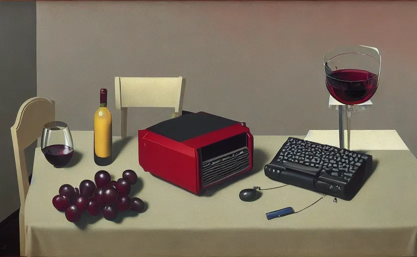 Image similar to an achingly beautiful still life featuring tillamook cheese, and red wine and an old computer by Raphael, Hopper, and Rene Magritte. detailed, romantic, enchanting, trending on artstation.