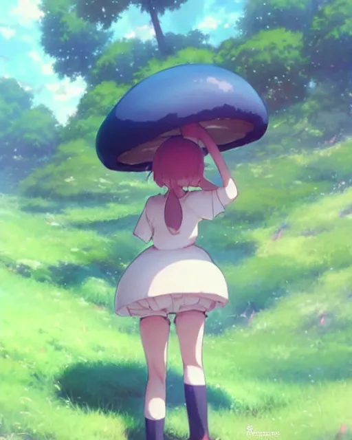 Image similar to a cute thicc mushroom creature ， by makoto shinkai an krenz cushart