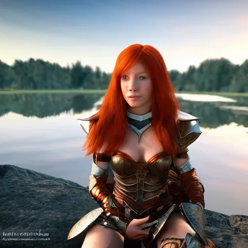 Image similar to beautiful female redhead elf warrior wearing armor, sitting next to a beautiful lake at sunset, enjoying the wind, looking at the water. 8k ultra realistic, award winning, unreal engine 5, masterpiece, atmosphere glow, hyperrealistic, focused, extreme details, cinematic