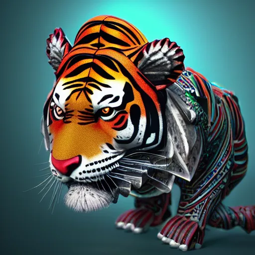 Prompt: 3 d breathtaking cool beautiful mayan ornate biomechanical coloured tiger, isometric perspective, 8 k octane render