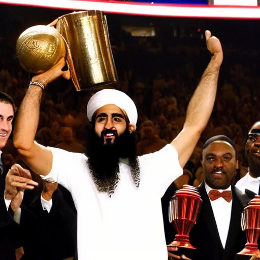 Image similar to photo of osama bin laden lifting larry o'brien trophy