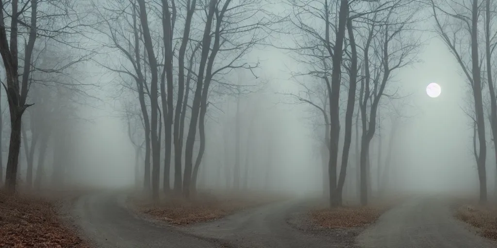 Image similar to road between tall trees, night, fog, cold light, moon