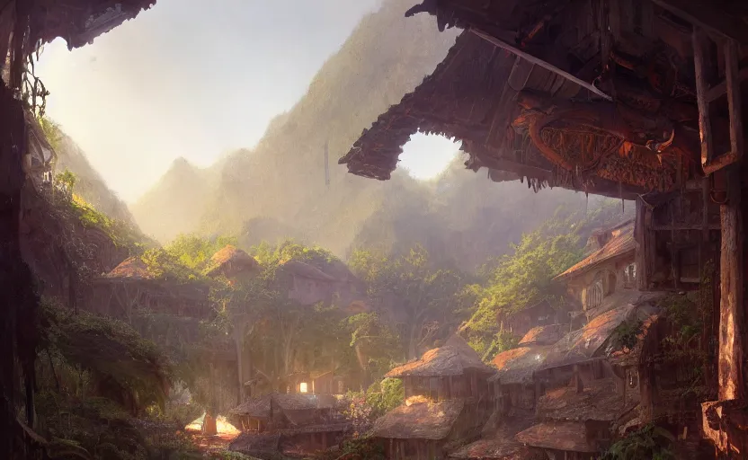 Prompt: painting of a series of opposing living quarters overlooking communal area carved into a mountain, lush garden with hot spring between, cozy bed, well maintained, clean, medieval, fantasy genre, natural light, fantasy, natural light, concept art, by greg rutkowski and craig mullins, cozy atmospheric and cinematic lighting, trending on artstation