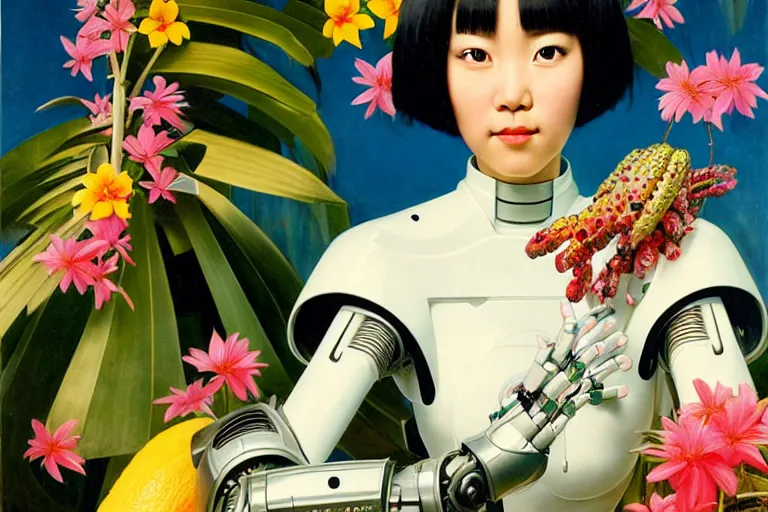 Prompt: a portrait of asian female with short black hair dressed with a robot knight plastic white armor dress from evangelion, sit in a throne surrounded by garlands of tropical fruits and flowers, masterpiece painted by jc leyendecker