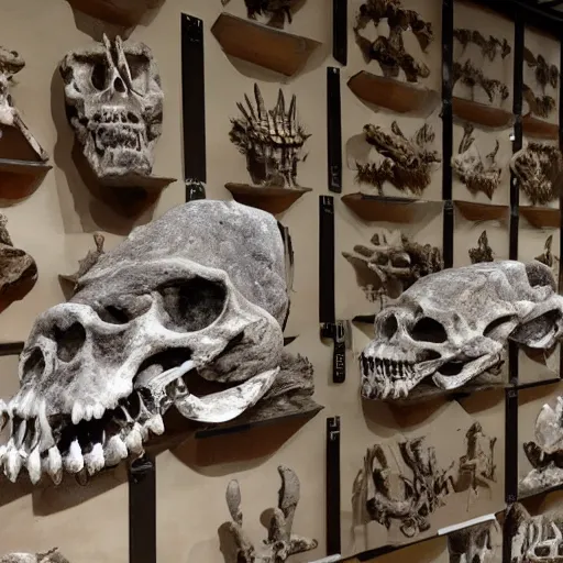 Prompt: museum of dragon, bones of head