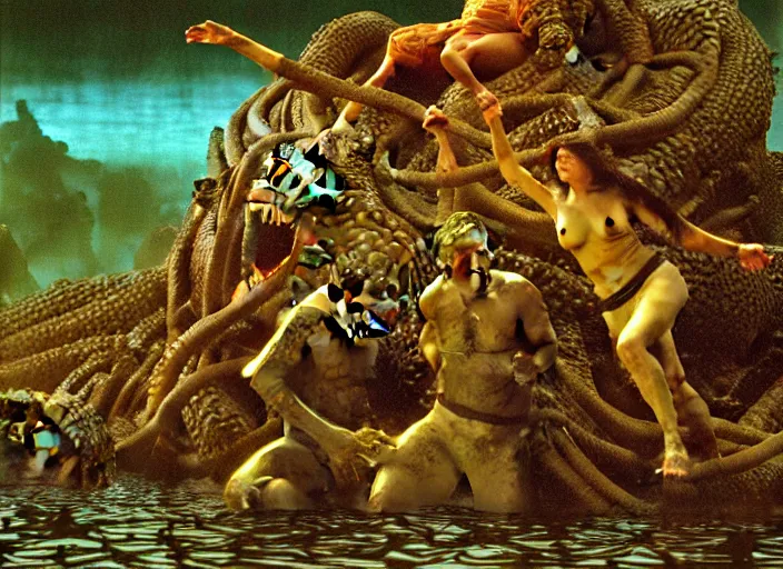 Image similar to photo of wet slimy godzilla attacking the raft of the medusa, by lawrance alma - tadema by roger corman by richard corben by rick baker, fujifilm velvia 5 0. masterpiece. intricate, hyper realism, high detail, octane render, unreal engine, 8 k, by katsuhiro otomo