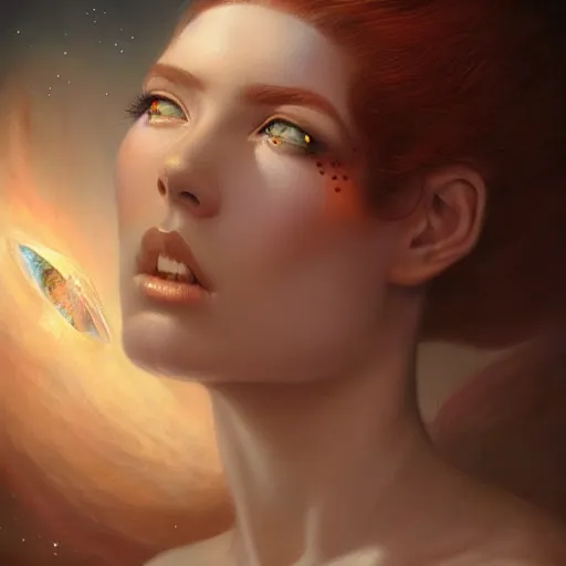 Image similar to a beautiful portrait of a celestial goddess by Jim Burns and Tom Bagshaw, Trending on Artstation, hands: -1