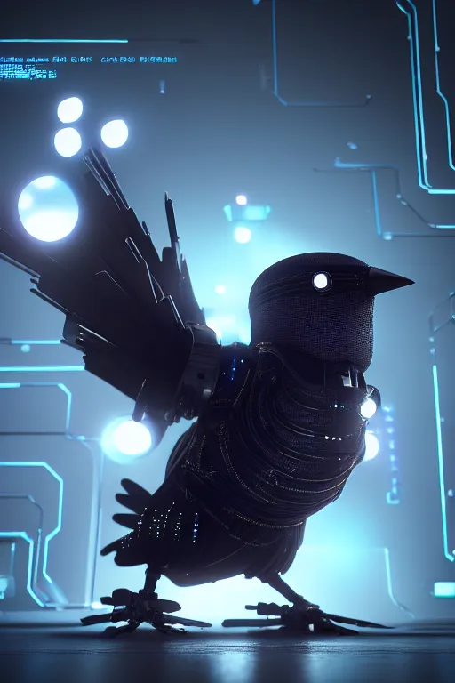 Image similar to high quality 3 d render very cute cyborg crow! incorporated speakers!, cyberpunk highly detailed, unreal engine cinematic smooth, in the style of blade runner & detective pikachu, hannah yata charlie immer, moody light, low angle, uhd 8 k, sharp focus