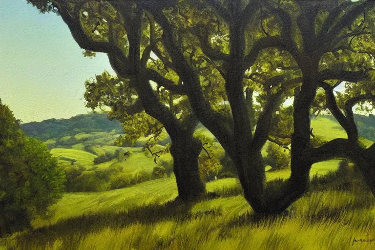 Image similar to masterpiece painting of oak trees on a hillside overlooking a creek, dramatic lighting, by tom hammick