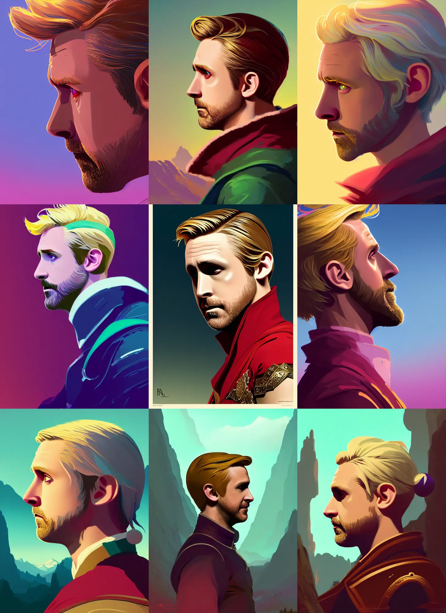 Prompt: side profile centered painted portrait, ryan gosling as an elf ranger, blonde hair, arrogant, d & d, gloomhaven, matte painting concept art, art nouveau, beautifully backlit, swirly vibrant color lines, fantastically gaudy, aesthetic octane render, 8 k hd resolution, by ilya kuvshinov and cushart krentz and gilleard james