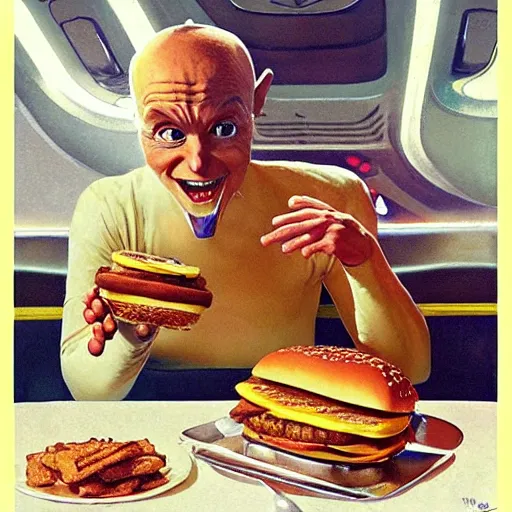 Image similar to beautiful cute alien, eating a cheeseburger, at a 5 0 s diner, painted by norman rockwell, greg rutkowski, john howe, wlop, artgerm