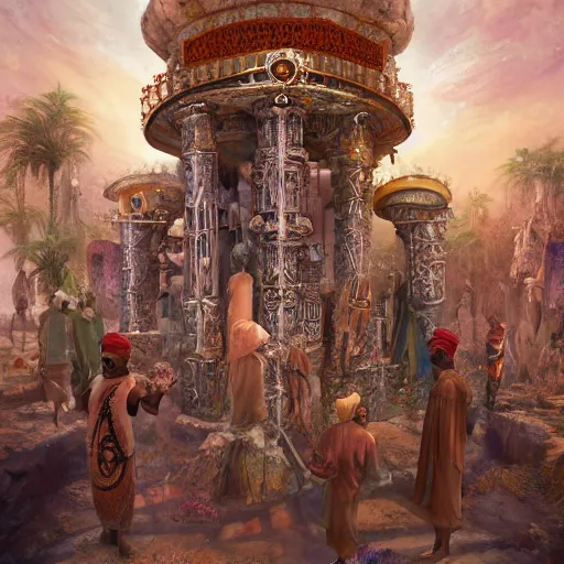 Prompt: african moors wearing white robes and intricate turbans in the steampunk valley of the kings, vibrant flowers, symbiotic technology, by dariusz zawadzki and zdislaw beksinki and thomas kinkade, digital art, trending on artstation, symmetrical faces, detailed faces, detailed and intricate environment