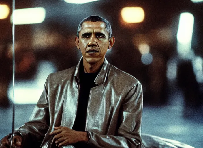 Image similar to film still barack obama wearing leather coat as a detective in blade runner, 8 k