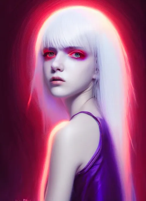 Image similar to hair whitebangs hair, white hair, whitebangsblackhair, portrait of teenage girl with white bangs, red irises, purple clothes, intricate, elegant, glowing lights, highly detailed, digital painting, artstation, concept art, sharp focus, illustration, art by wlop, mars ravelo and greg rutkowski