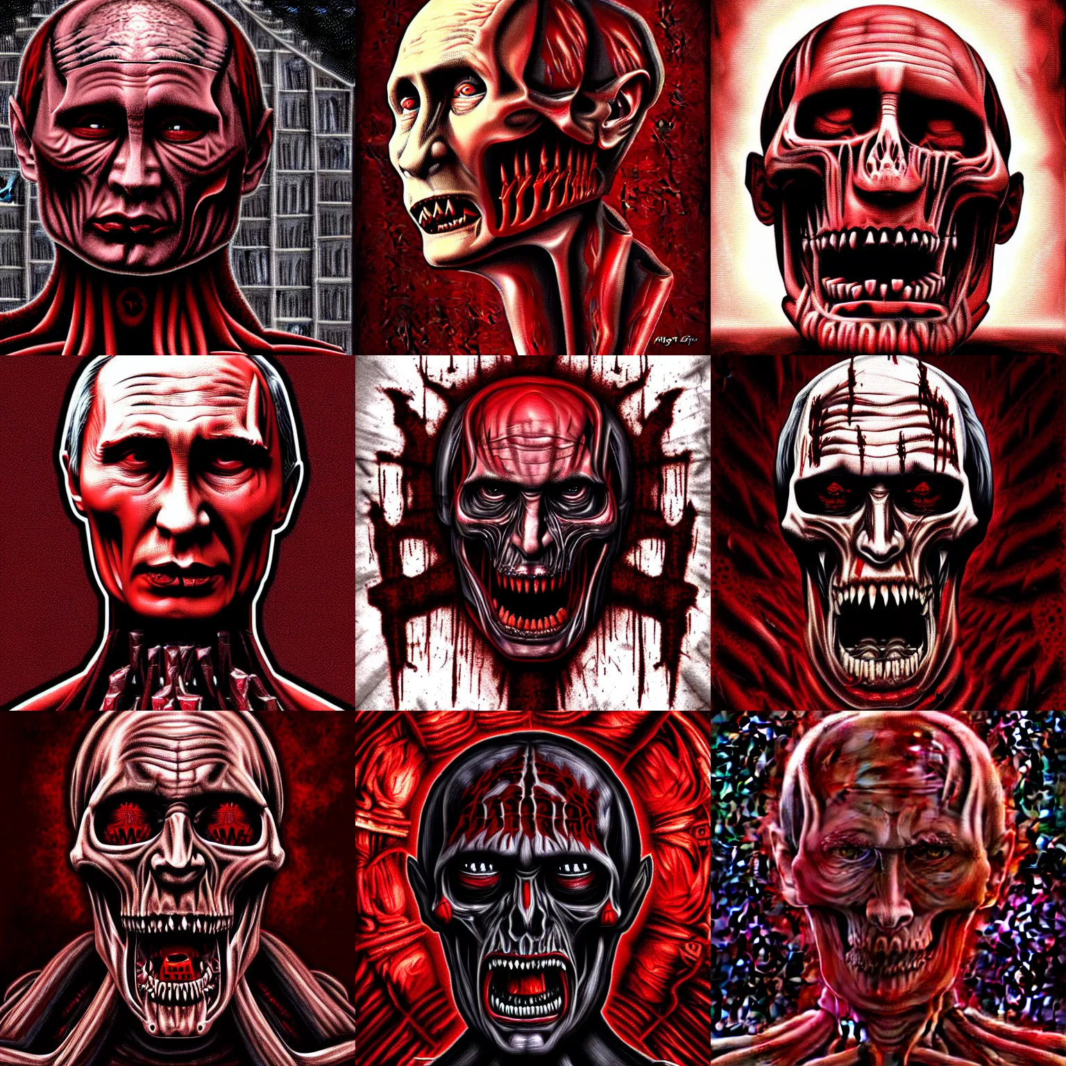 Prompt: huge monument of angry vladimir putin made from skulls, blood, horror and terror. dark reddish color palette detailed digital painting by h. giger