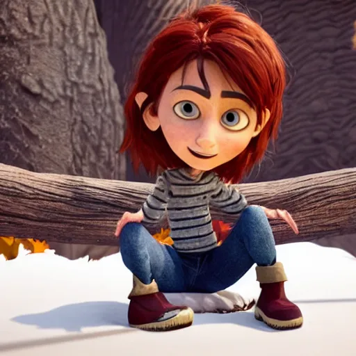 Prompt: a very cool and cute stopmotion animation character, a beautiful canadian woman, gardening, very attractive, spiky dark brown and grey hair, striped sweater, tight denim jeans, maroon doc marten boots, canadian maple leaves blowing about, mountains, autumn, unreal engine 5, 8 k, kubo and the two strings, disney, pixar,