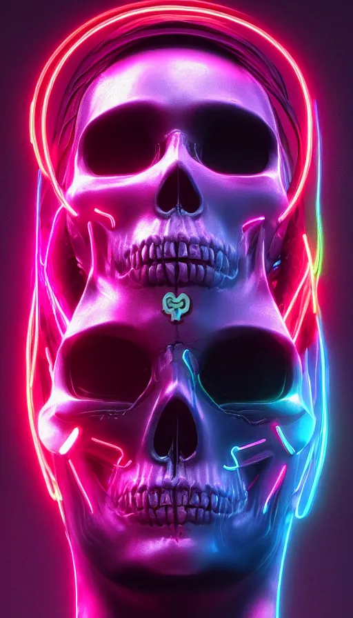 Image similar to a colorful skull with a cross on it's forehead, cyberpunk art by stanley twardowicz, cgsociety, computer art, neon, wallpaper, glowing neon, a woman wearing a silver dress and a silver mask, cyberpunk art by zhou fang, cgsociety, computer art, daz 3 d, zbrush, rendered in maya