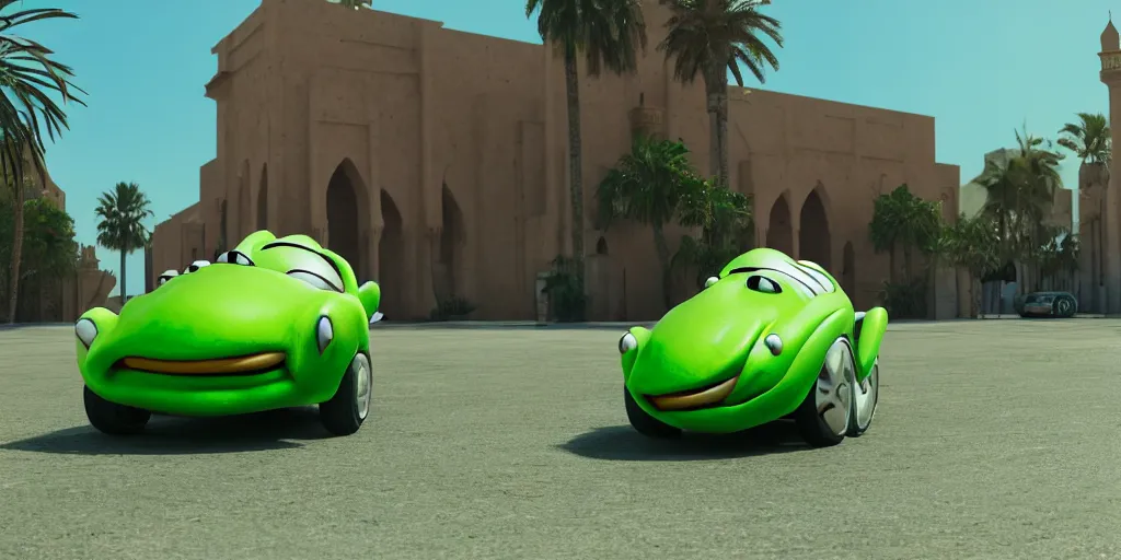 Prompt: kermit driving a car, wlop, moroccan city, mosque, palm trees, cinematic lighting, hyperdetailed, 8 k realistic, symmetrical, global illumination, radiant light,, frostbite 3 engine, cryengine, dof, trending on artstation, digital art, chanel