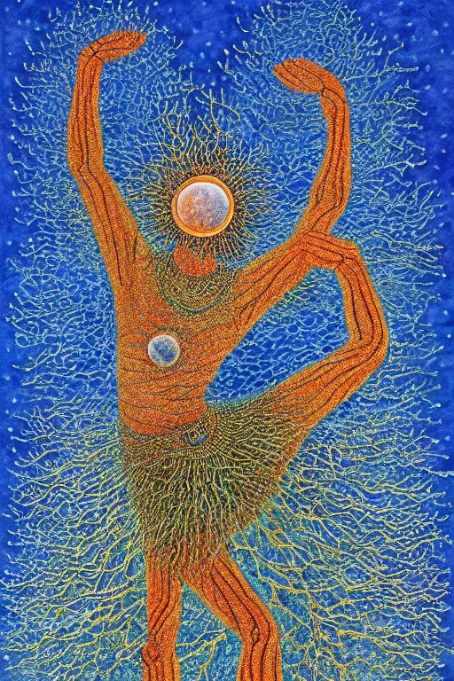 Image similar to ivan marchuk style nataraja dancing in a winter birch grove and raising snow clouds during a solar eclipse, visionary art style