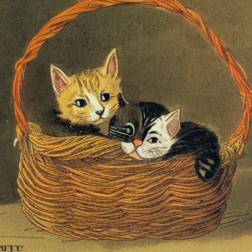 Prompt: child's illustration basket of kittens randolph caldecott