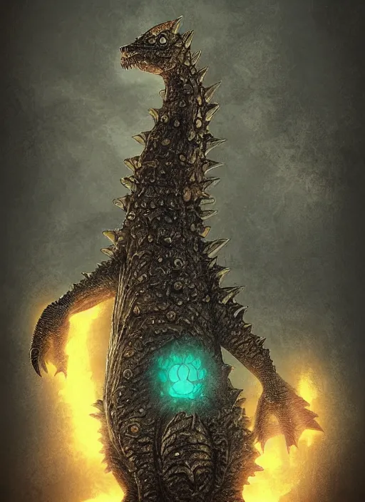 Prompt: occult godzilla kaiju with glowing haunted eyes, metal skin, intricate, elegant, highly detailed, centered, digital painting, artstation, concept art