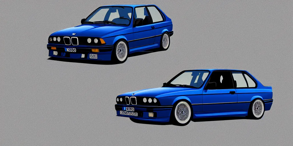 Image similar to bright dark blue BMW e30, hyper realism, depth of view 8k.