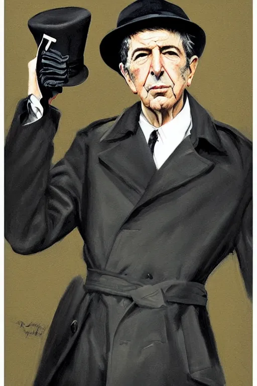 Image similar to “painting of leonard cohen as 1940s private eye, in trench coat and hat, noir atmosphere, by Robert McGinnis”