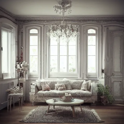 Image similar to a detalied 3 d render of a shabby chic living room, by valentin franke, ilya galinsky trending of artstation, photorealism