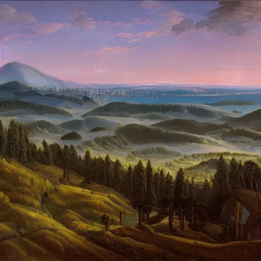 Prompt: Photograph of a forested landscape with a town in the distance. Detailed, well lit.