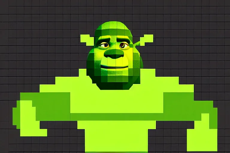 Prompt: ( ( dither ) ), editorial pixel art portrait of an angled 2 d shrek,'he knows what you did ', confident smirk, 😏, ( ( mads berg ) ), rich detailed pixels, detailed, dynamic composition, detailed pixel artwork, full og shrek, wide angle, matte print, art nouveau, unreal engine