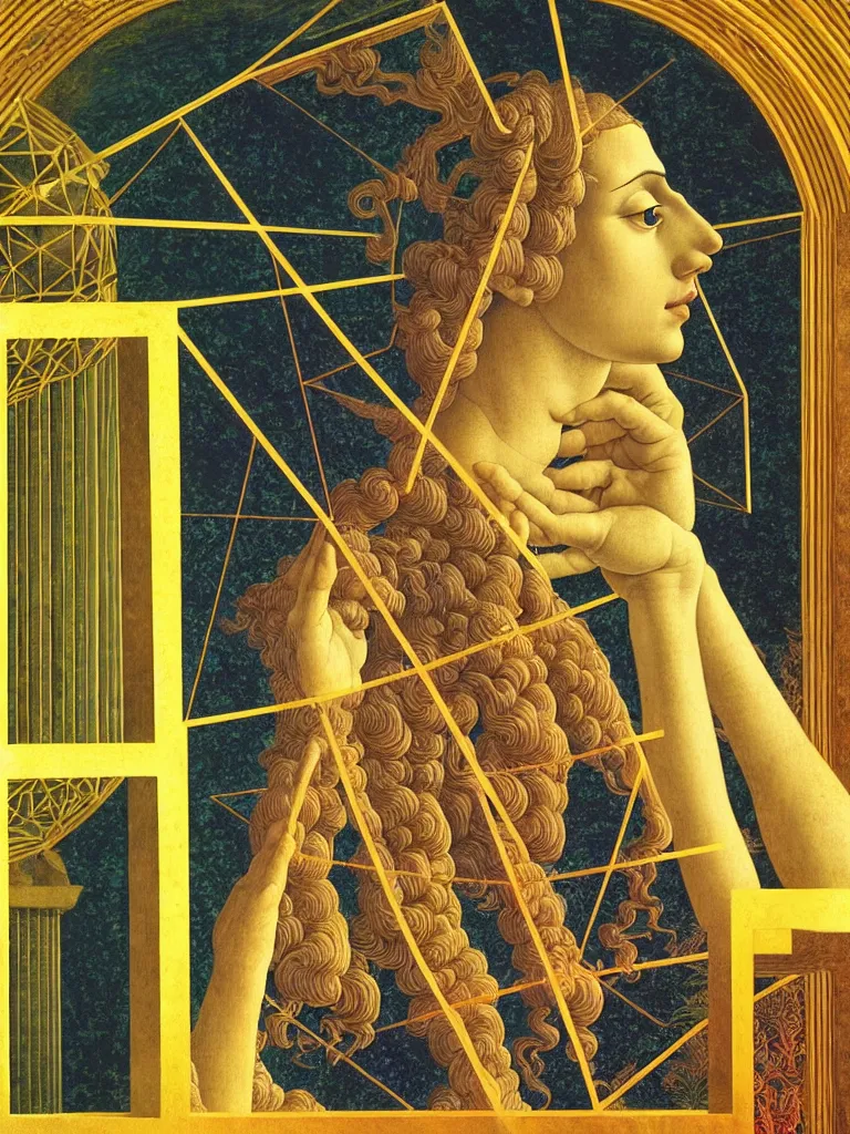 Image similar to hyperrealistic still life portrait of a mind exploding inside of a serene temple, beautiful plans, sacred geometry, light refracting through prisms in a tesseract, by sandro botticelli, botanical print, surrealism, vivid colors, serene, golden ratio, rule of thirds, negative space, minimalist composition