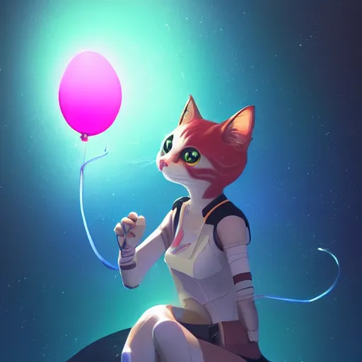 Image similar to cat with a neon balloon in space | hyperrealistic digital painting by makoto shinkai, ilya kuvshinov, lois van baarle, rossdraws | afrofuturism in the style of hearthstone and overwatch, trending on artstation