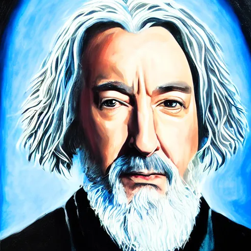 Prompt: A portrait of Alan Rickman depicted as Albus Dumbledore, oil painting